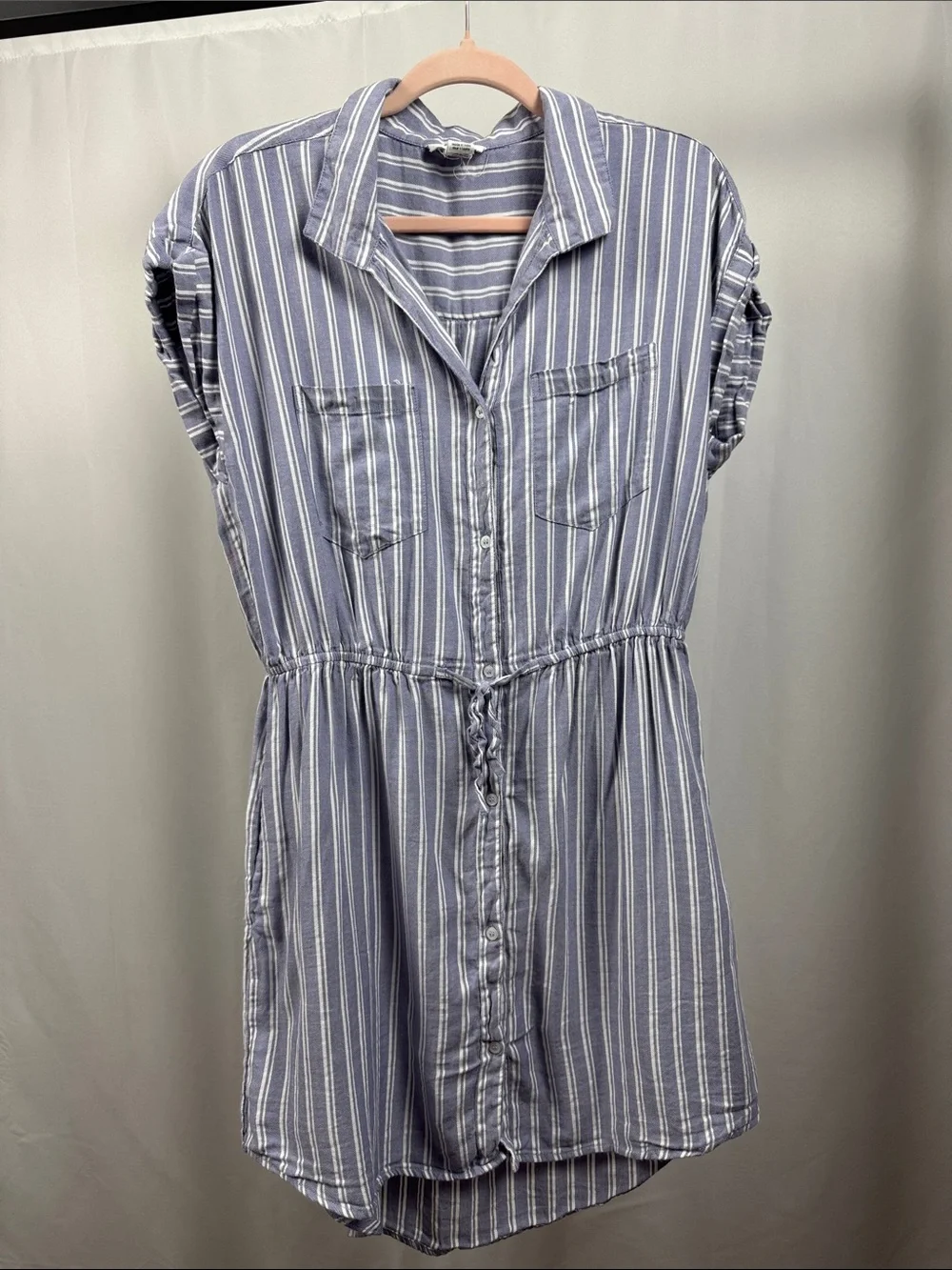 Japna Blue White Stripe Shirt Dress Tie Waist Linen Blend Size Large